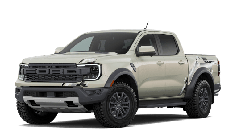 2026 Ford Ranger Raptor in Desert Sand — front three-quarter view