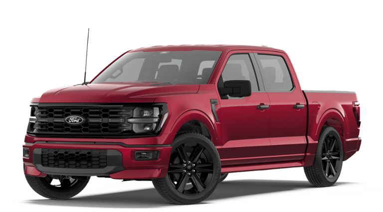 2026 Ford F-150 STX in Ruby Red Metallic Tinted Clearcoat — front three-quarter view