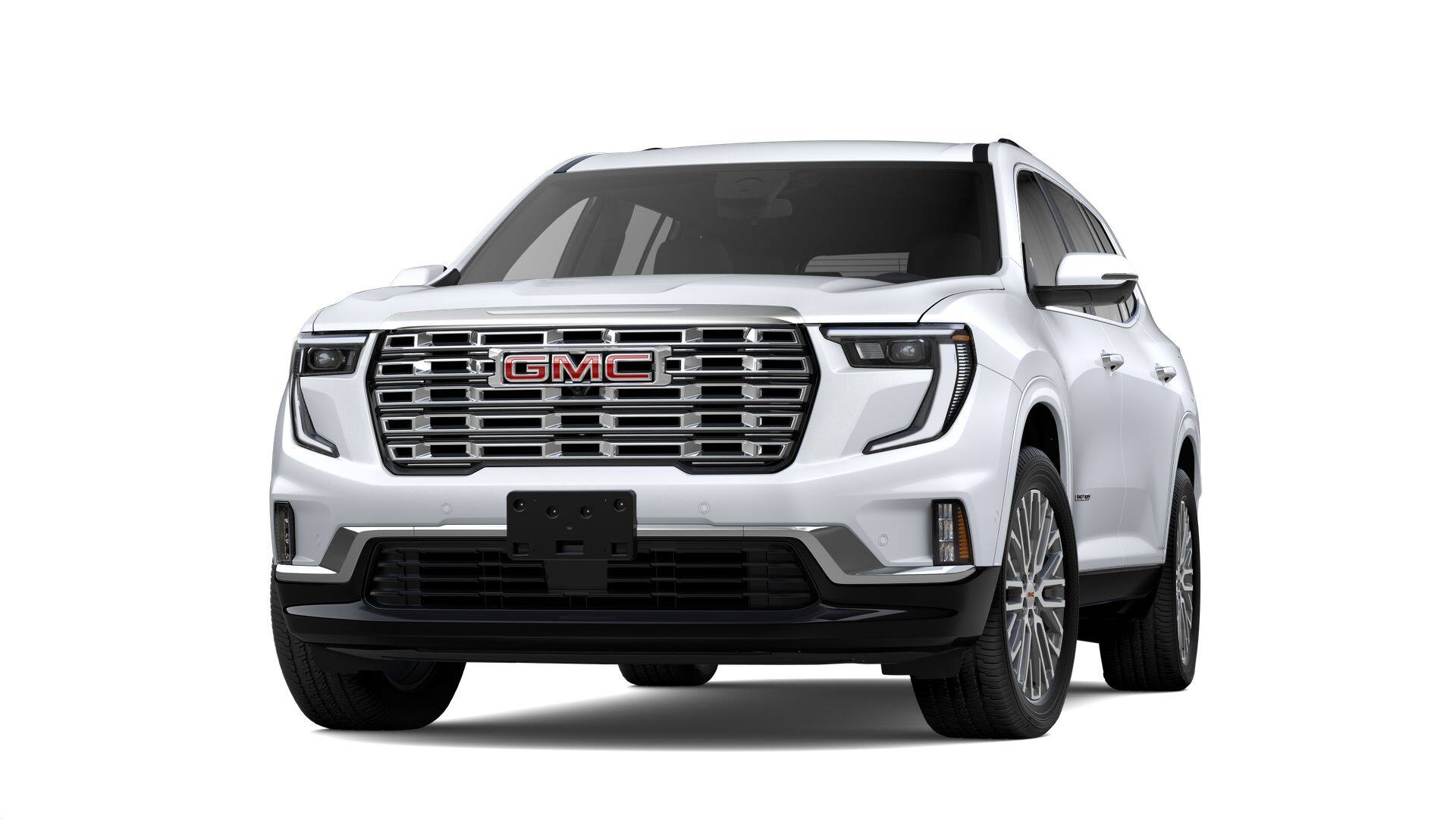 2026 GMC Acadia Denali in Glacier White Tricoat — front three-quarter view